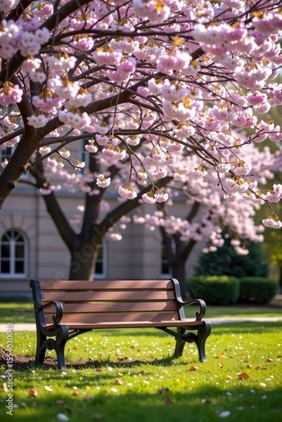 Obraz A peaceful park bench beneath blooming cherry blossom trees with a classic building softly blurred in the background on a sunny spring day.