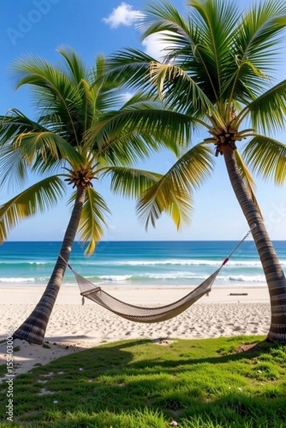 Obraz A hammock is strung between two palm trees on a sunny beach with clear blue skies and gentle ocean waves in the background.
