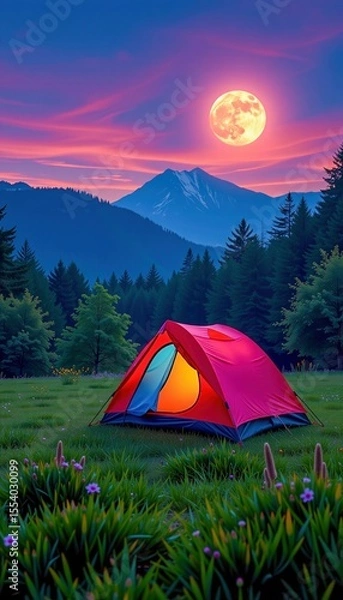 Obraz A vibrant red tent glows under a full moon, set amidst lush greenery with wildflowers, pine trees, and majestic mountains at dusk.