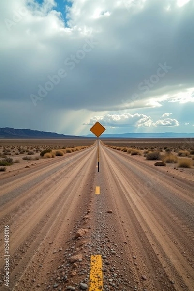 Obraz A long, straight desert road with a caution sign under a dramatic cloudy sky, stretching towards distant mountains on the horizon.