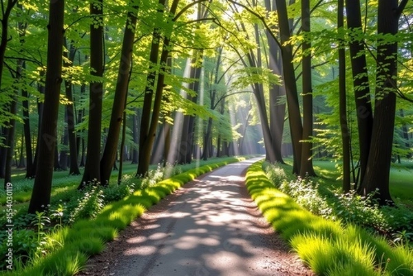 Obraz A sunlit forest path winds through tall trees with lush green foliage, casting dappled shadows on the ground under bright, clear daylight.