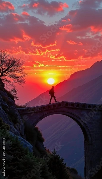 Obraz A lone hiker crosses a stone bridge at sunset with vibrant red and orange clouds over mountainous terrain.