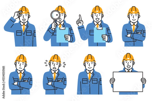 Obraz 作業服を着てヘルメットを被った男性作業員のシンプルなイラストセット