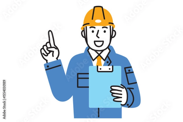 Obraz 作業服を着て指差しする男性作業員のシンプルなイラスト