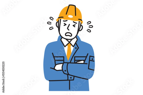 Obraz 作業服を着てヘルメットを被った困った顔の男性作業員のシンプルなイラスト
