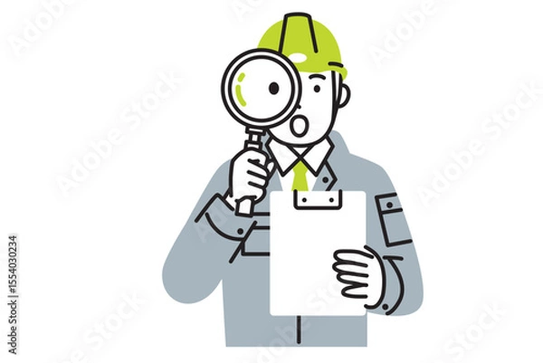 Obraz 作業服を着て虫眼鏡で検査する男性作業員のシンプルなイラスト