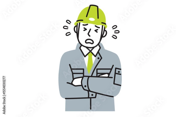 Obraz 作業服を着てヘルメットを被った困った顔の男性作業員のシンプルなイラスト