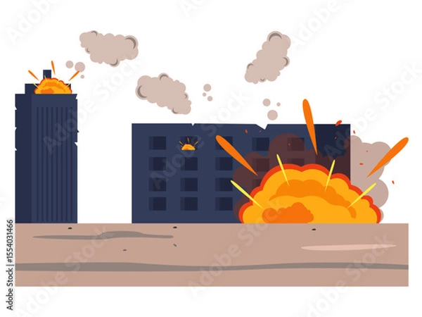 Fototapeta Many buildings burned down due to bomb explosions. War illustration. Flat vector illustration.