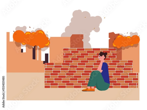 Fototapeta Girl is hiding behind a building in fear. War illustration. Flat vector illustration.