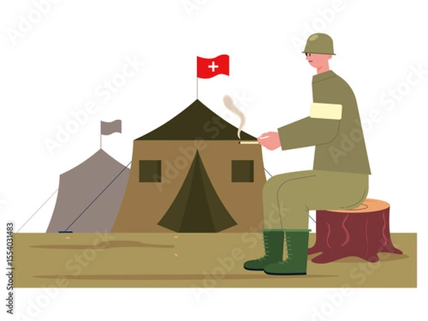 Fototapeta Soldiers handling health care are wearing uniforms and smoking cigarettes. War illustration. Flat vector illustration.