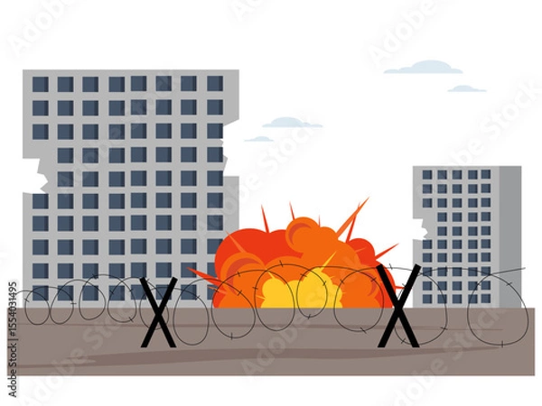 Fototapeta Explosion scene in the middle of the building. War illustration. Flat vector illustration.