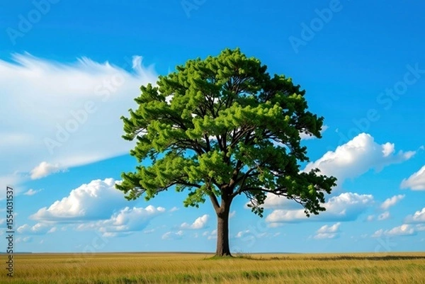 Obraz A lone green tree stands tall in an open field under a bright blue sky with scattered white clouds.