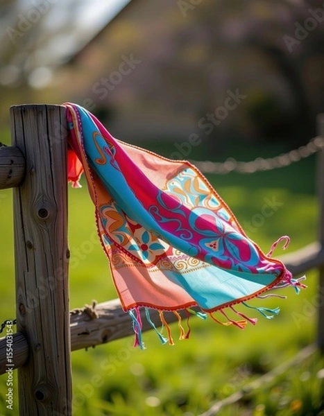 Obraz A vibrant, patterned scarf hangs on a rustic wooden fence post against a blurred green outdoor background.