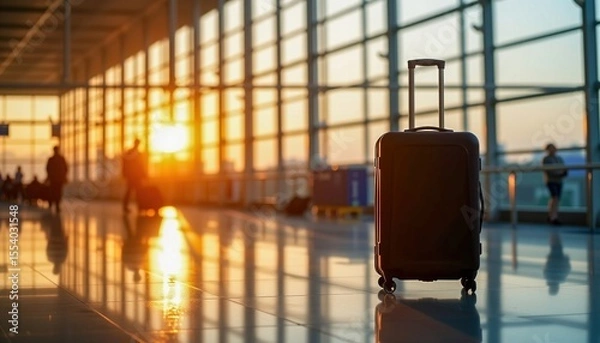 Obraz A suitcase stands alone in a sunlit airport terminal with travelers and large windows glowing from the setting sun.