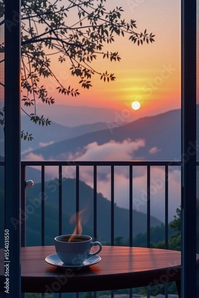Obraz A steaming cup of coffee on a balcony table overlooks a serene mountain sunrise framed by tree branches.