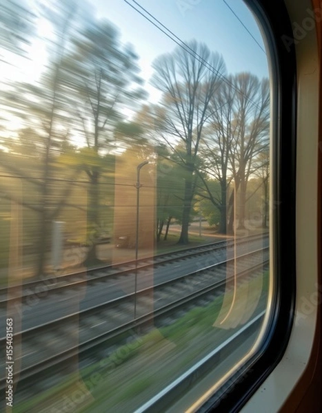 Obraz A view from a train window showing blurred trees and railway tracks during motion in a rural setting.