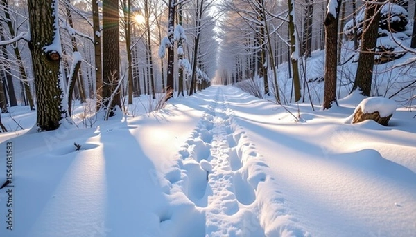 Obraz A snowy forest path with fresh footprints stretches into the distance, bathed in soft sunlight filtering through bare trees covered in snow.