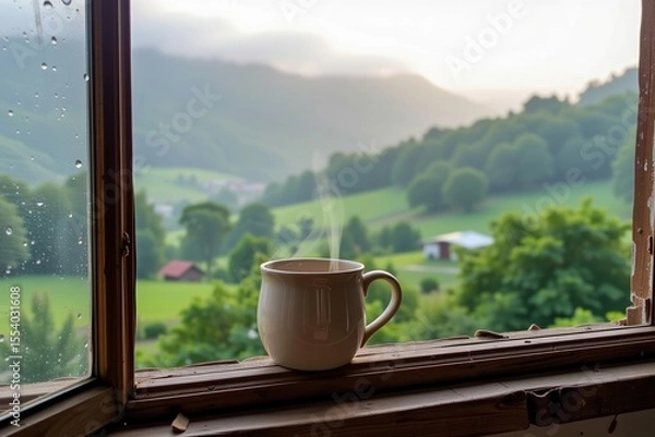 Obraz A steaming cup of coffee rests on a wooden windowsill, overlooking a misty, green valley with rolling hills and scattered houses.