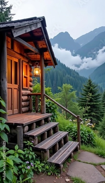Obraz A cozy wooden cabin with a glowing lantern, nestled in lush greenery and overlooking misty mountain peaks under a cloudy sky.