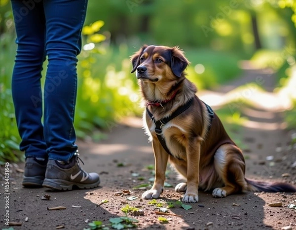 Obraz A small dog with a harness sits attentively on a dirt path next to a person wearing blue jeans and sneakers in a sunlit forest setting.