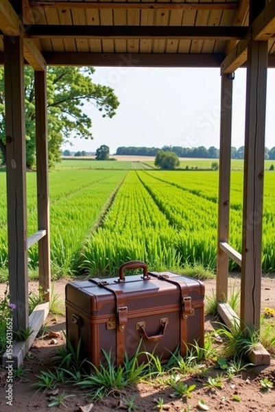 Obraz A vintage leather suitcase sits under a wooden shelter, overlooking expansive green agricultural fields with trees and clear skies in the distance.