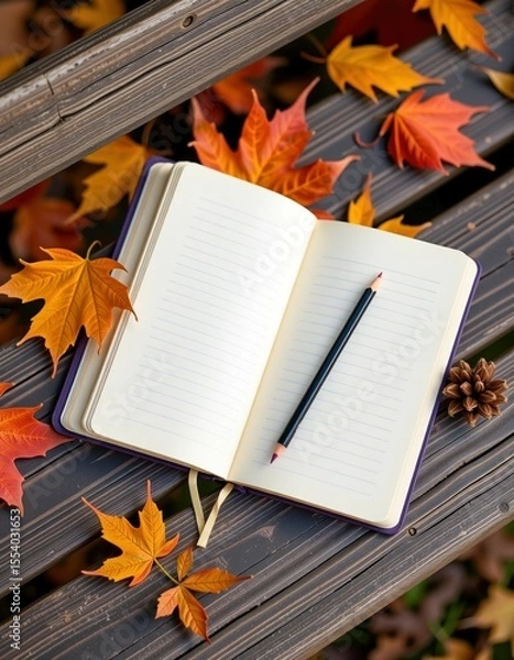 Obraz An open blank notebook with a pencil lies on a wooden bench surrounded by autumn leaves and a pinecone.