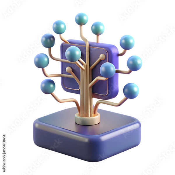 Fototapeta 3D Render of Abstract Technology Tree with Blue Spheres and Circuit Design on Purple Base