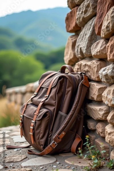 Obraz A brown leather backpack leans against a rustic stone wall with a blurred mountainous landscape in the background.