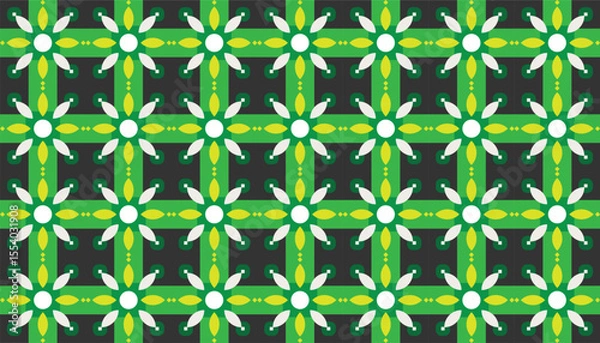 Fototapeta Tropical-inspired seamless pattern with geometric flowers and intersecting green lines. A lively and cheerful vector perfect for wrapping paper, fabric, or digital backgrounds