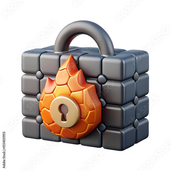 Fototapeta 3D Render of Firewall Padlock Icon with Flame and Security Symbol made from digital lavas on White Background