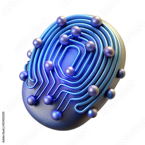 Fototapeta 3D Render of Futuristic Digital Fingerprint Icon with Circuit Design for Security Technology isolated on white background