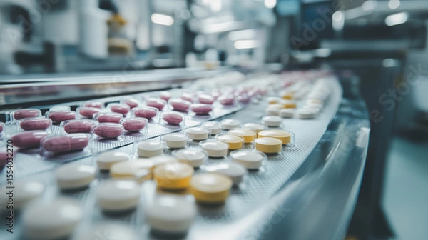 Fototapeta Pharmaceutical plant with automated systems producing pills and capsules in sterile environment, ensuring precision and strict quality control. Concept of medical manufacturing and healthcare safety.