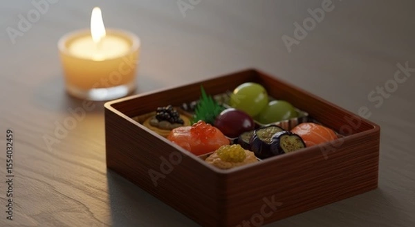 Fototapeta Japanese bento box with salmon sushi, roe, and fruit, illuminated by a warm candle flame on a wooden table for a special meal.