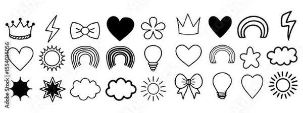 Fototapeta A collection of hand drawn doodle icons featuring hearts rainbows suns clouds lightning bolts crowns flowers lightbulbs and bows on a white background