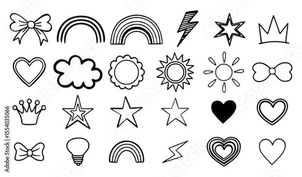 Fototapeta A charming collection of hand drawn doodle icons featuring rainbows stars hearts crowns lightning bolts clouds suns lightbulbs and bows perfect for scrapbooking and design projects