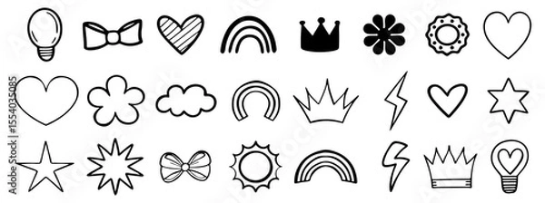 Fototapeta A collection of hand drawn doodle icons featuring a lightbulb bow tie hearts rainbows crowns clouds lightning bolts stars and sun symbols on a white background