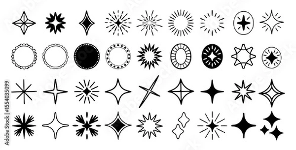 Fototapeta A collection of hand drawn black and white starbursts sparkles and decorative circular elements representing a variety of graphic design assets