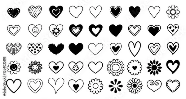 Fototapeta A diverse collection of hand drawn heart and flower icons in black and white perfect for romantic or decorative design elements