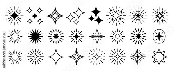Fototapeta A collection of hand drawn starbursts and sparkle icons featuring geometric shapes and radiant lines in a simple black and white doodle style for design elements