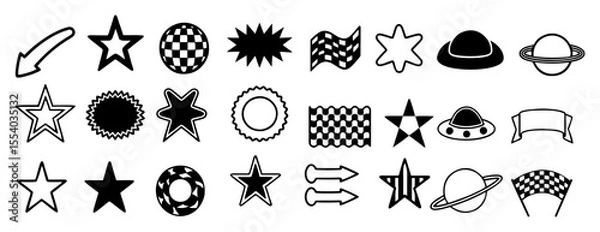 Fototapeta Collection of black and white graphic icons featuring stars arrows planets ufos hats ribbons and checkered flags for design elements and symbols