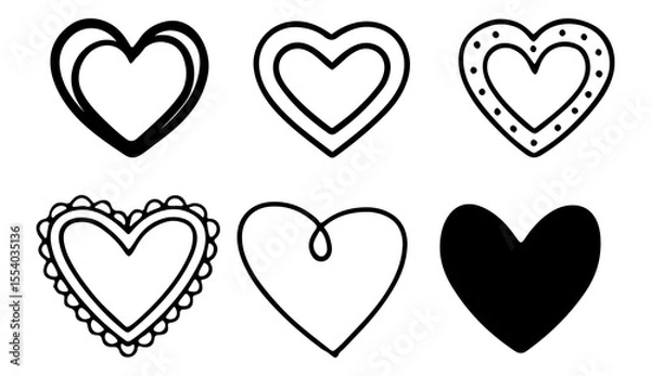 Fototapeta Collection of six diverse hand drawn heart shapes in black and white with varied decorative outlines and solid fill for graphic design elements