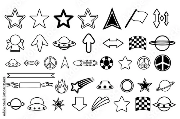 Fototapeta Collection of simple black and white outline icons and symbols including stars planets ufos arrows flags and other graphic elements for design and illustration