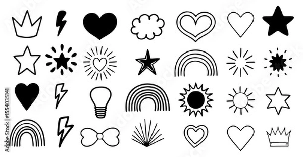 Fototapeta A collection of hand drawn doodle icons featuring hearts stars rainbows lightning bolts clouds suns a crown a lightbulb and a bow tie on a white background