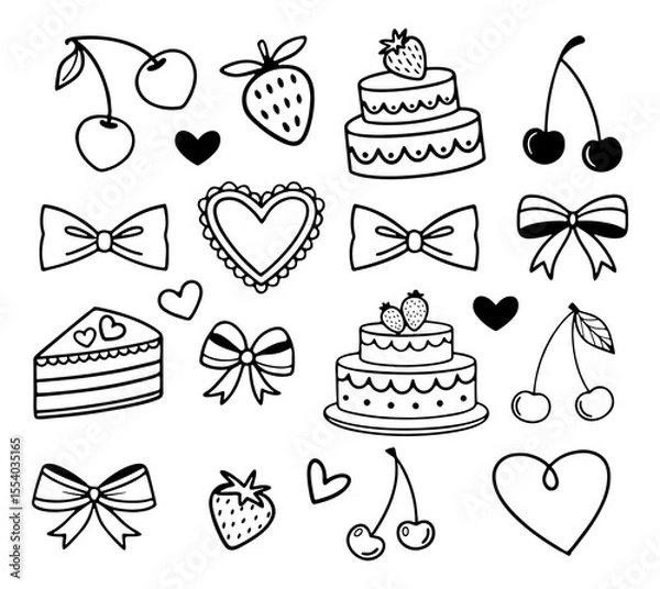 Fototapeta A charming collection of hand drawn black and white doodle elements featuring sweet treats like cherries strawberries and cakes along with decorative bows and hearts perfect for design projects