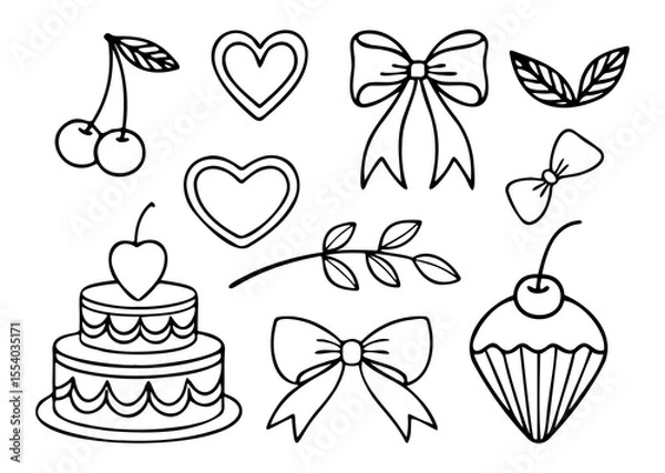 Fototapeta Collection of simple hand drawn doodle elements including cherries hearts bows a cake a cupcake and a branch with leaves perfect for design projects