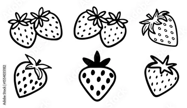Fototapeta A collection of simple black and white hand drawn outline illustrations of strawberries with seeds and green leaves on a white background