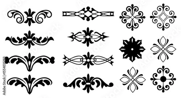 Fototapeta Collection of elegant black ornamental dividers and decorative elements in a classic vintage style showcasing intricate scrollwork and floral motifs on a white background