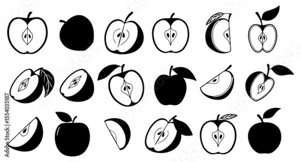 Fototapeta Collection of stylized black and white apple icons and illustrations showing whole apples halved apples and apple slices with and without leaves on a white background