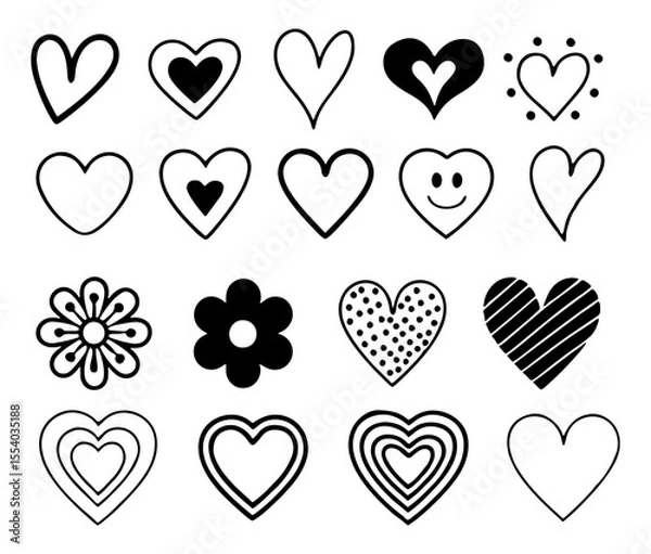 Fototapeta Collection of hand drawn doodle hearts and flowers in black and white with various patterns and styles including smiley face and concentric hearts for graphic design elements