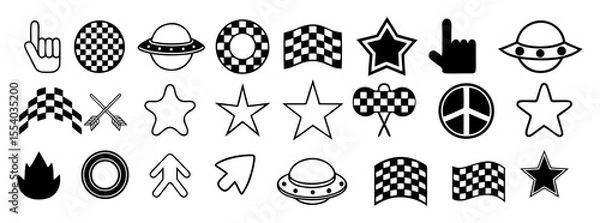 Fototapeta A collection of black and white graphic icons including racing flags stars ufos peace signs arrows a flame and a finger pointing upwards